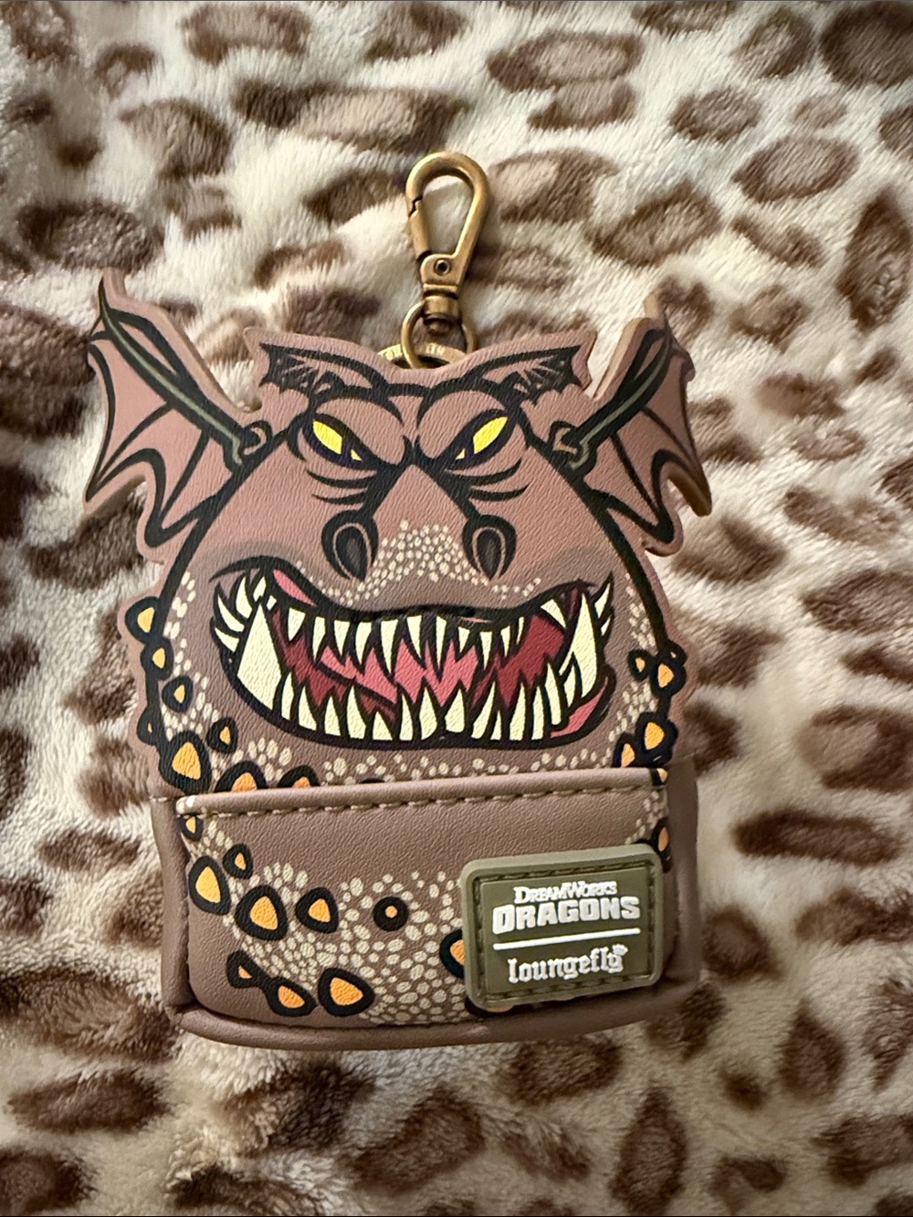 Loungefly Brown Dragon Face Cardholder Keychain with Gold Hardware